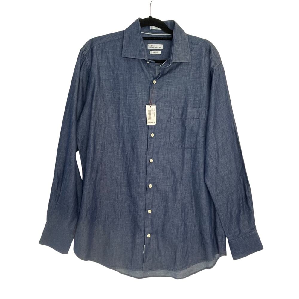 Peter Millar Crown Cool Chambray Button Up Shirt Men's Large Cotton Linen NWT